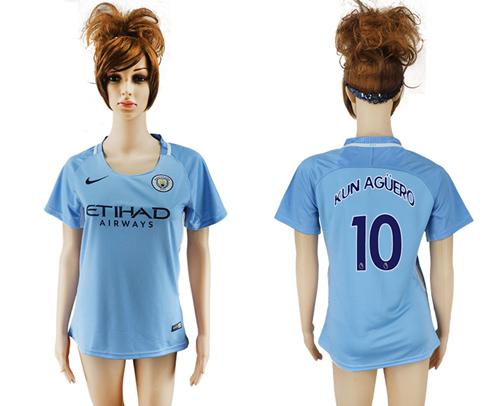 Women's Manchester City #10 Kun Aguero Home Soccer Club Jersey - Click Image to Close